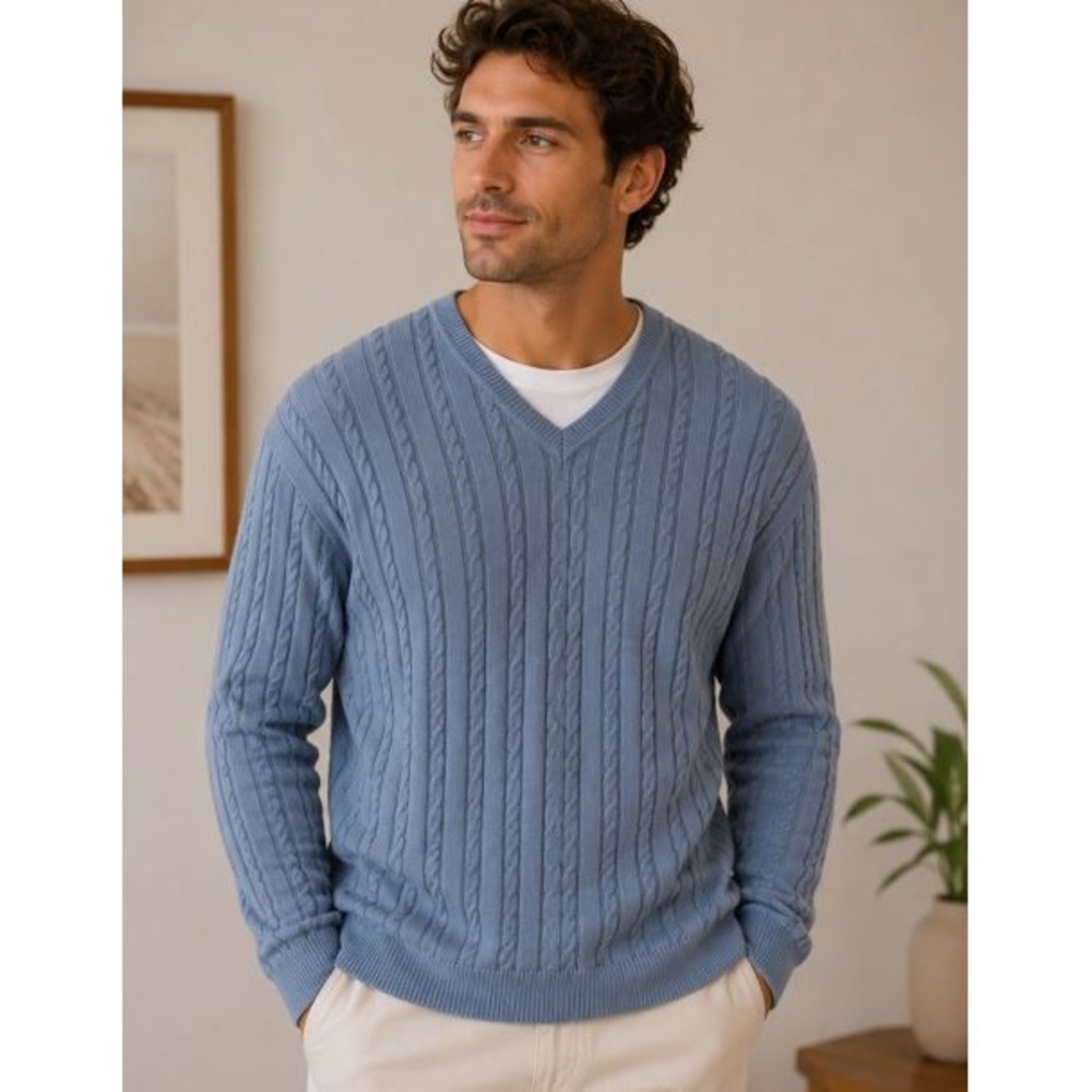 Tasso Elba Sweater XXL Blue Cable Knit Grandpa Preppy Academia Minimal Coastal‎